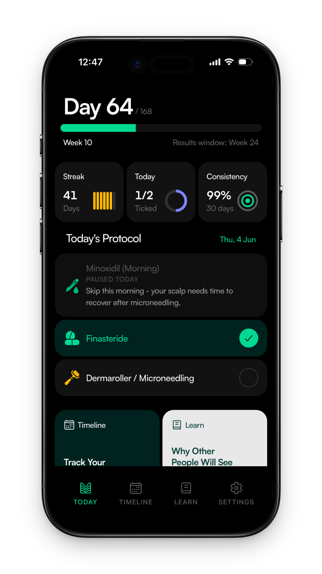 Manestay Today screen showing the day's protocol and a 99% consistency score