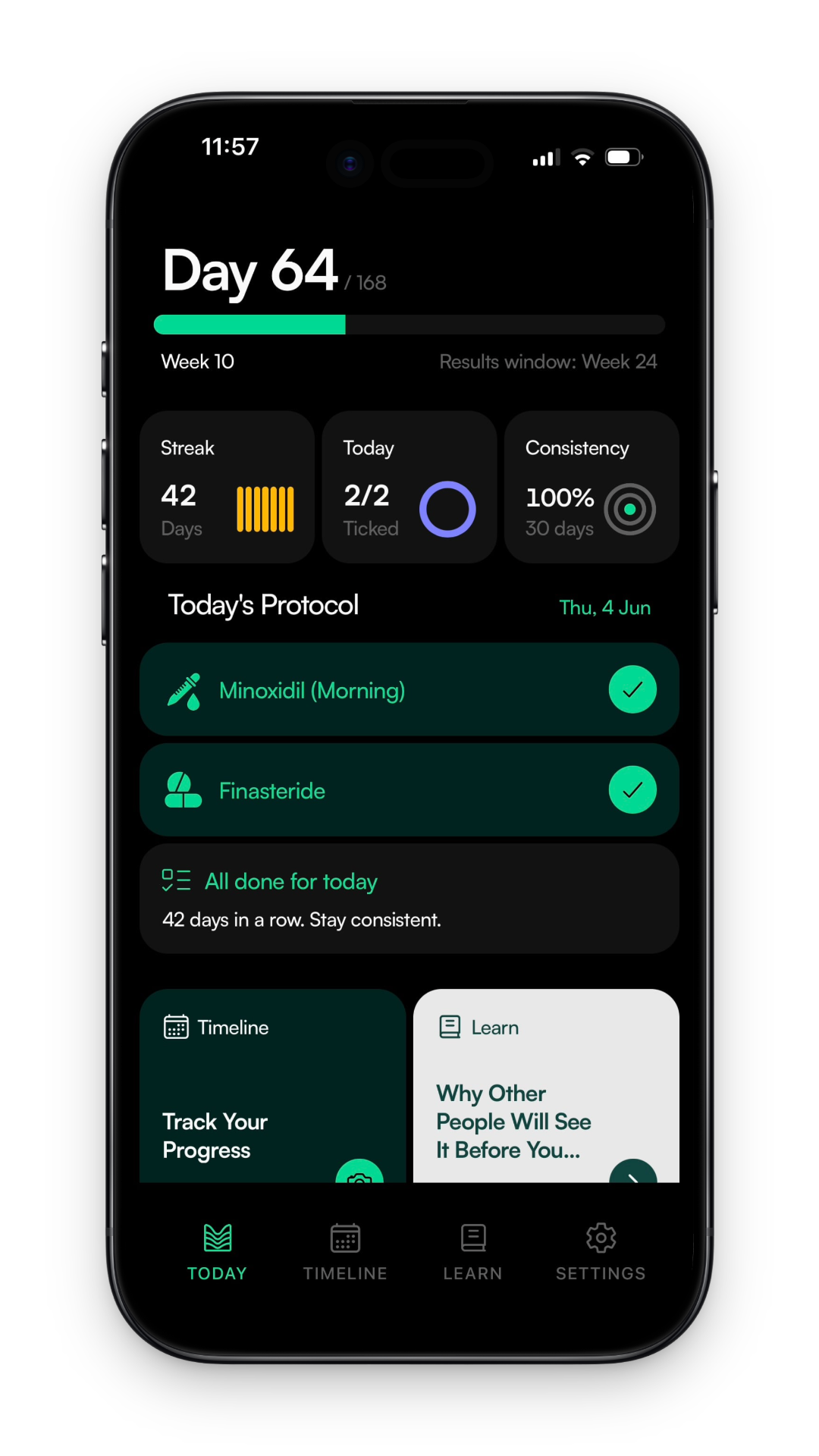 Manestay Today screen with the day's protocol complete and a 100% consistency score