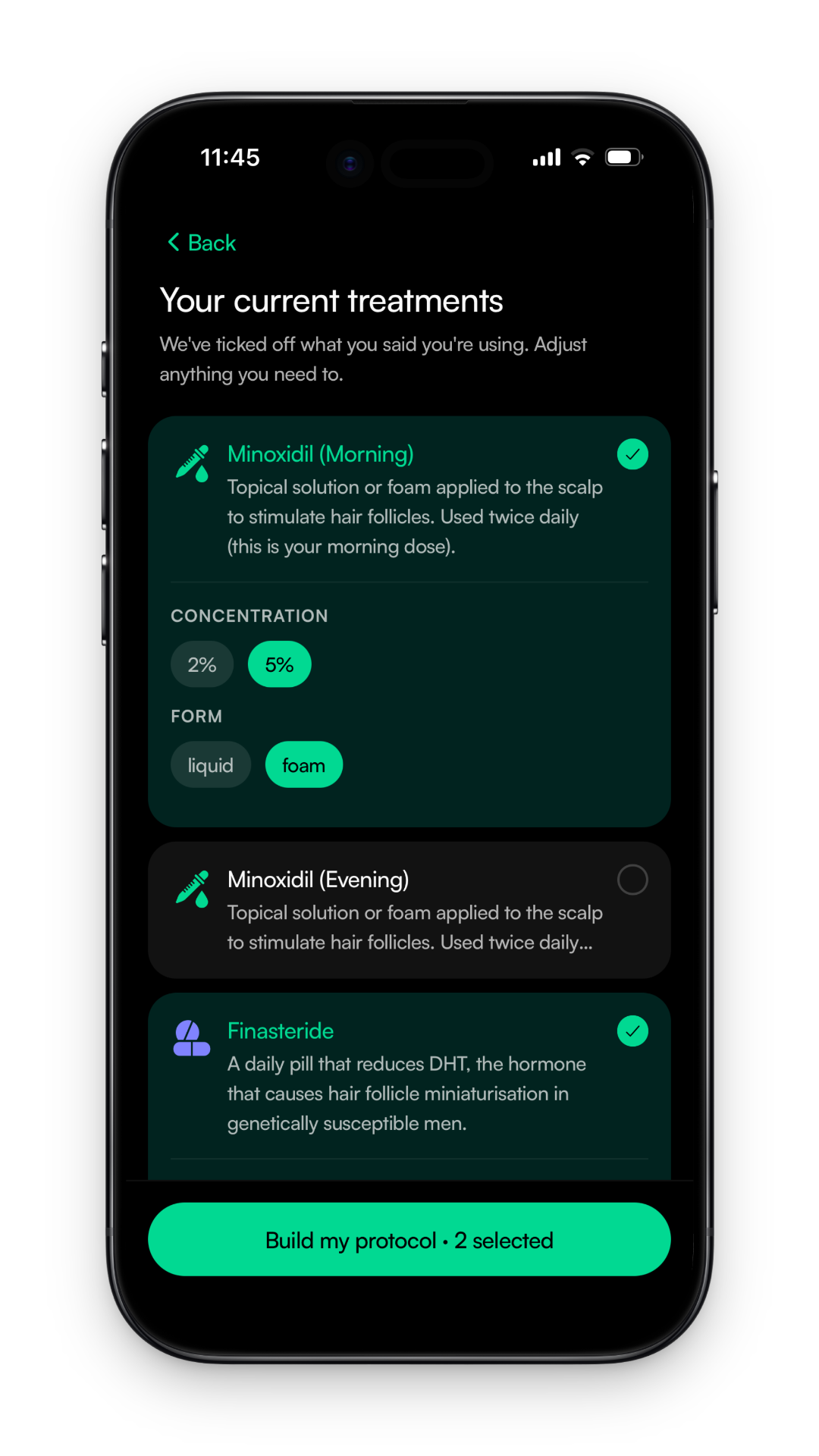 Manestay screen for selecting your current treatments and building your protocol